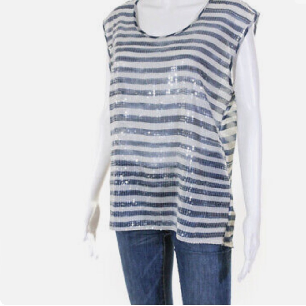 DKNY  Sequins Scoop Neck Sleeveless Striped Tank Seethrough